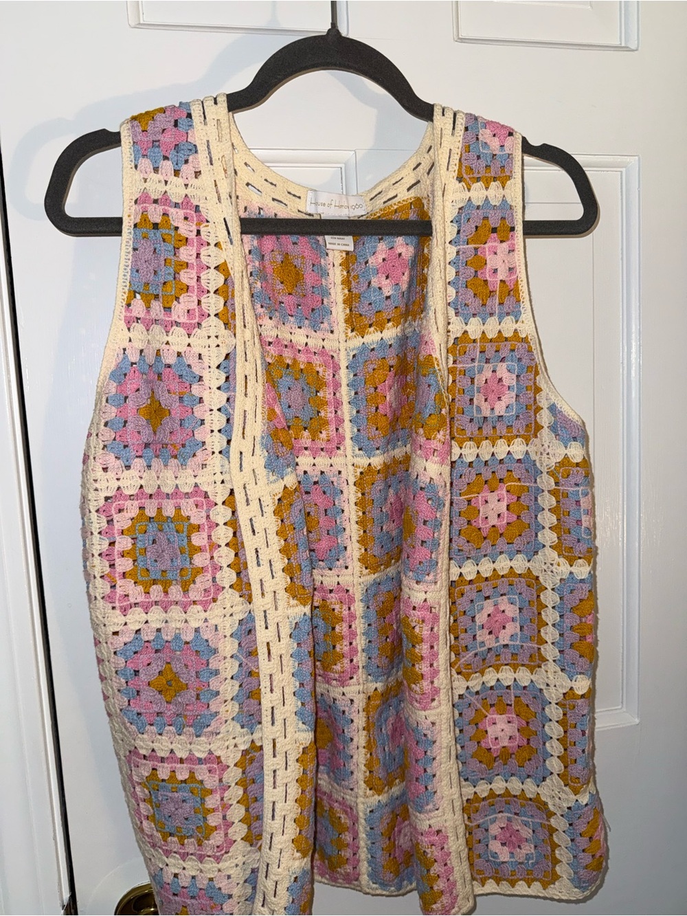 House of Harlow Crochet Vest in Cream, Pink, Blue & Mustard